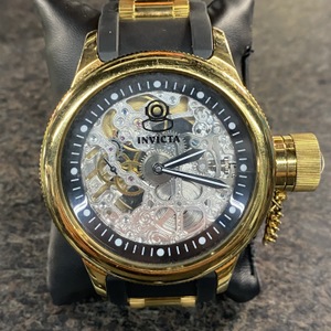 Gold Colored Mechanical Watch W/ Black Band Invicta 