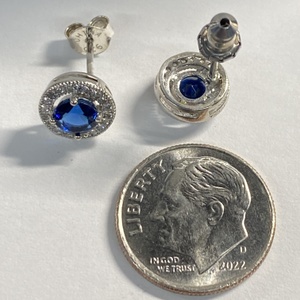  Silver Earrings Round Studs w/ Blue Stns & Clr Surrounds 