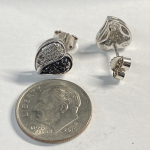  Silver 925 2.13g Earrings Studs - Blk/Clr Stn Hearts 